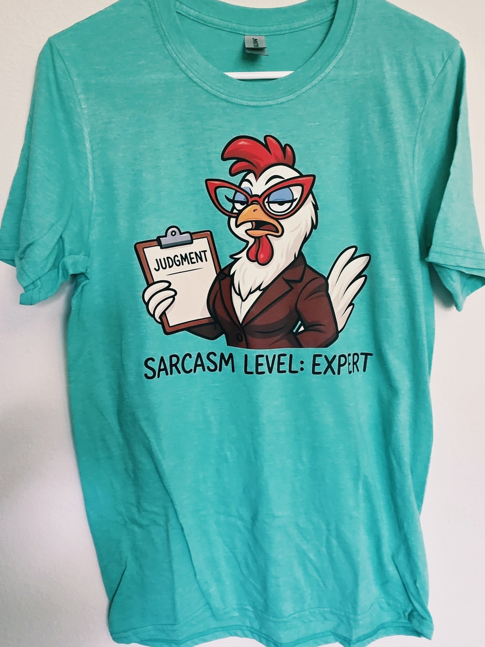Gildan Teal Graphic Tee with Rooster 'Sarcasm Level: Expert'
